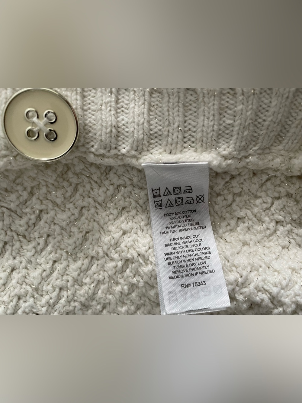 Isaac Mizrahi Cream Cable Knit Turtleneck Poncho w/ adorable buttons & faux fur - Picture 4 of 4